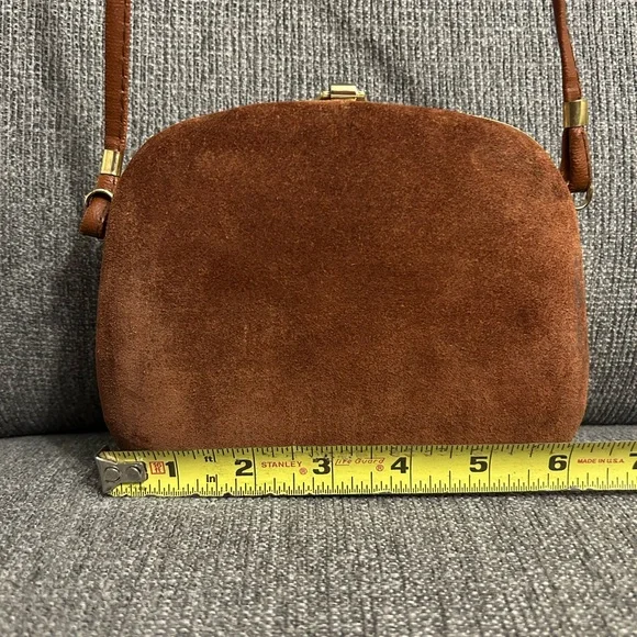 Brown Suede Crossbody Bag with clasp closure & gold hardware - Picture 9 of 11